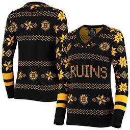 Women's Black Boston Bruins Wordmark V-Neck Ugly Sweater