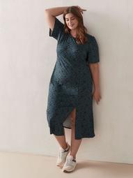 Printed Short Sleeve Midi Dress with Front Slit - Addition Elle