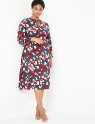 Mixed Print Tie Neck Fit and Flare Dress