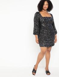Square Neck Puff Sleeve Sequin Dress