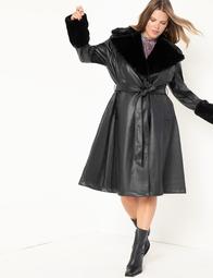 Faux Leather Fit and Flare Coat with Fur Collar