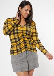 Plus Yellow Plaid Puff Sleeve Ruched Top