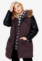 Quilted Faux Leather Sleeve Parka