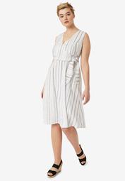 Striped Linen Faux-Wrap Dress