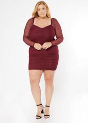 Plus Burgundy Ruched Long Sleeve Bodycon Dress