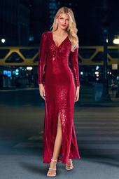 Long-Sleeve Sequin Coated Gown