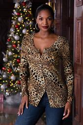 Sequin Trim Leopard Button-Up Cardigan Sweater