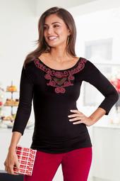 Embroidered Sheer Inset Wide-Neck Top