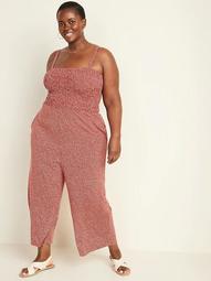 Printed Smocked-Bodice Jersey Plus-Size Cami Jumpsuit