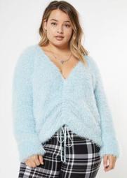 Plus Blue Fluffy Knit Ruched Drawstring Sweater