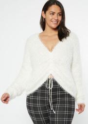Plus White Fluffy Knit Ruched Drawstring Sweater