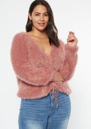 Plus Pink Fluffy Knit Ruched Drawstring Sweater