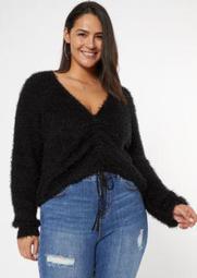 Plus Black Fluffy Knit Ruched Drawstring Sweater