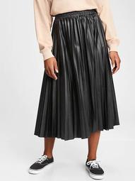 Faux-Leather Pleated Midi Skirt