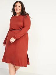 Cozy Plush-Knit Waist-Defined Plus-Size Midi Dress