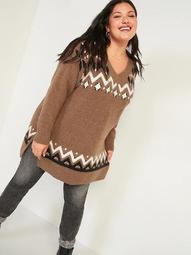 Slouchy Fair Isle V-Neck Plus-Size Tunic Sweater