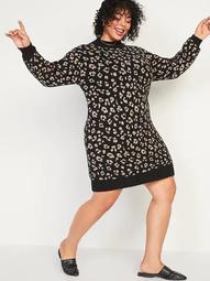 Leopard-Print Mock-Neck Plus-Size Sweater Shift Dress