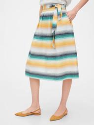 Tie-Belt Front Print Midi Skirt in Linen-Cotton