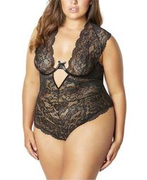 Women's Plus Size Dramatic Scalloped Edge Lace Teddy with High Apex Cups, Cap Sleeves and Mesh Back