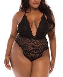 Women's Plus Size High Leg Galloon Lace Teddy with Multi-Strap Back Detail