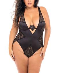 Women's Plus Size High Apex Teddy with Deep Plunging Neckline and Lace Inserts