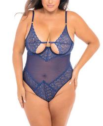 Women's Plus Size Unlined Open Cup Teddy with Ring and Elastic Details