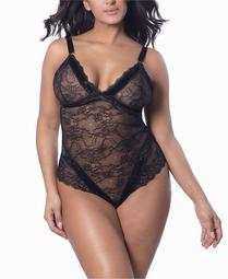 Women's Plus Size Velvet and Lace Soft Bodysuit with Scalloped Edges