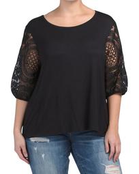 Plus Knit Top With Embroidered Puff Sleeves