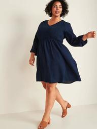 Chambray Smocked-Bodice Fit & Flare Plus-Size Dress