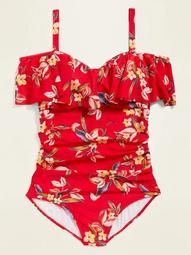 Floral Ruffled Off-the-Shoulder Secret-Slim Plus-Size One-Piece Swimsuit