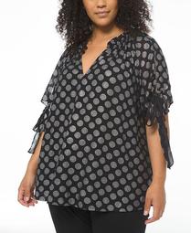 Plus Size Foiled Tie-Sleeve Ruffled-Neck Top