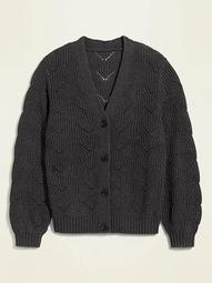 Pointelle-Knit V-Neck Plus-Size Cardigan Sweater