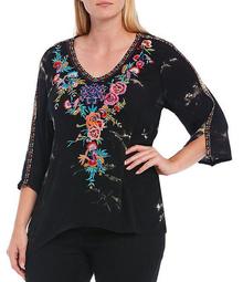 Plus Size Tie Dye Floral Embroidery V-Neck 3/4 Sleeve Top