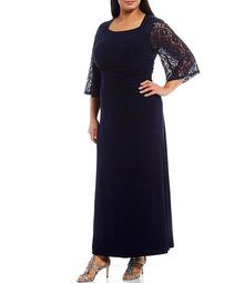 Plus Size Ruched Waist 3/4 Lace Sleeve Long Gown