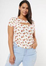 Plus Rose Print Ruched Side Cutout Tee