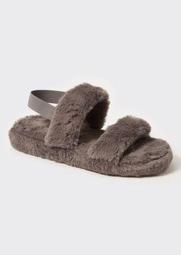 Gray Faux Fur Double Strap Slippers