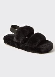 Black Faux Fur Double Strap Slippers