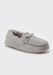 Gray Faux Fur Lined Moccasin Slippers
