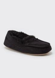 Black Faux Fur Lined Moccasin Slippers