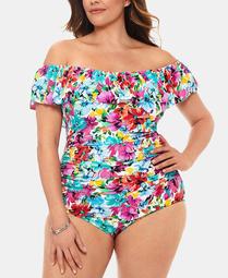 Plus Size Floral Vista Printed Off-The-Shoulder Tummy-Control One-Piece Swimsuit, Created for Macy's