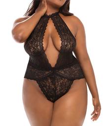 Women's Plus Size Soft Lace Collared Teddy with Front Keyhole and Open Back