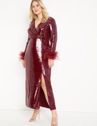 Long Sequin Wrap Dress With Feather Cuff