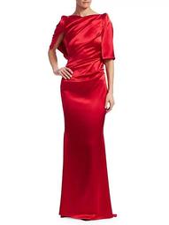 Wrapped Satin Cape-Sleeve Gown