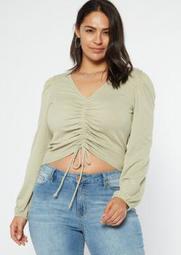 Plus Light Green Ruched Drawstring Top