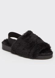 Black Faux Fur Slingback Slippers