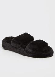 Black Faux Fur Double Band Slide Slippers