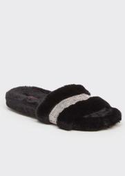 Black Faux Fur Rhinestone Striped Slide Slippers