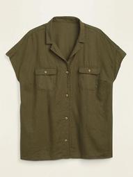 Linen-Blend Utility No-Peek Plus-Size Camp Shirt