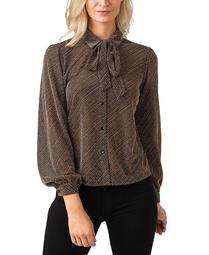 Black Label Women's Plus Size Metallic Button down Collared Knit Top with Tie-Neck