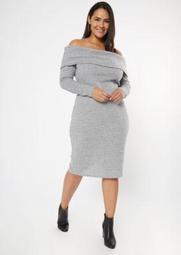 Plus Gray Off The Shoulder Hacci Knit Midi Dress